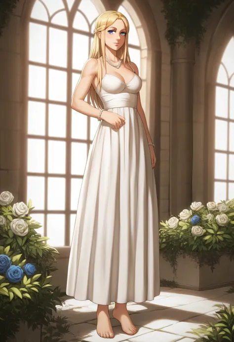 score_9, score_8_up, score_7_up, BREAK source_anime, historia reiss, blue eyes, blonde hair, long hair, medium breasts,Historia beautiful sleeveless dress white,in garden,flower on historia head,soo white historia skin,Barefoot,pink lips,pearls necklace,ri...