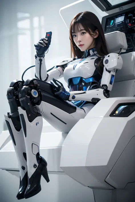 woman in a white suit sitting on a chair with a remote control, the most advanced humanoid robot, fully robotic!! girl, girl wea...