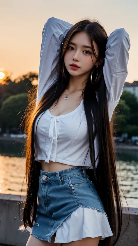 Masterpiece, Best quality, Dusk, Sunset, strong rimlight, Real, Realistic, incredibly_absurderes, sample, Girl, Long hair, alternate hair color, hair between breasts, Wavy hair, view the viewer, Small breasts, Collared shirt , Jacket, Miniskirt, White pant...