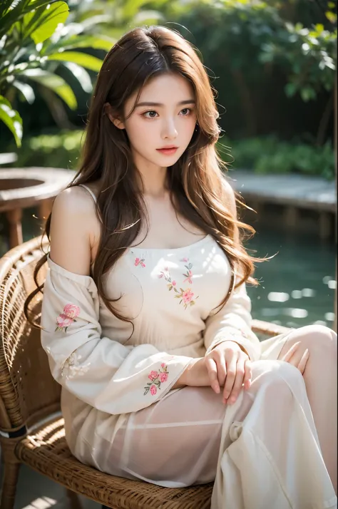 A serene and soft portrait of a young girl with long, wavy, light brown hair, super huge breast, calm and thoughtful expression. Wearing a light-colored, loose-fitting blouse with floral embroidery on the sleeves. The lighting is natural and soft, creating...