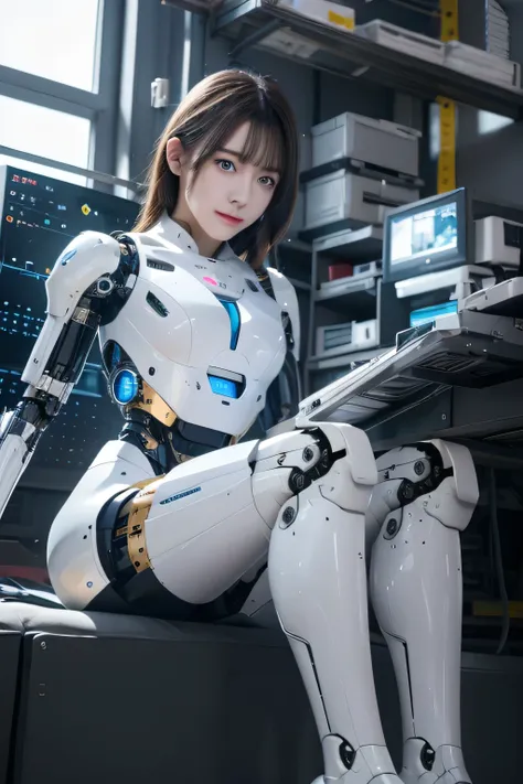 masterpiece, best quality, extremely detailed,8k portrait, japanese android girl,plump ,control panels,robot arms,robot,android,...