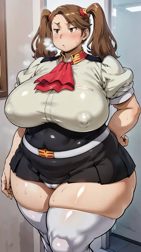 Woman in a short-sleeved cream uniform with a black skirt and white tights((Draw the front)), brown hair, Light brown eyes, twin tails,Strong-boned body,thick thick thighs ,sweat,vapor,Wide ass,Wide hips,  plump body where you can put your legs on your che...