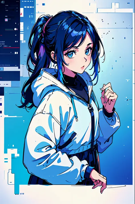 illustrator, anime , realistic ,sketch , 1 girl, ,lip, sweater,order, Blue gradient background, neon hair,Textured trim, Canadian, (masterpiece,Best quality) ganyou