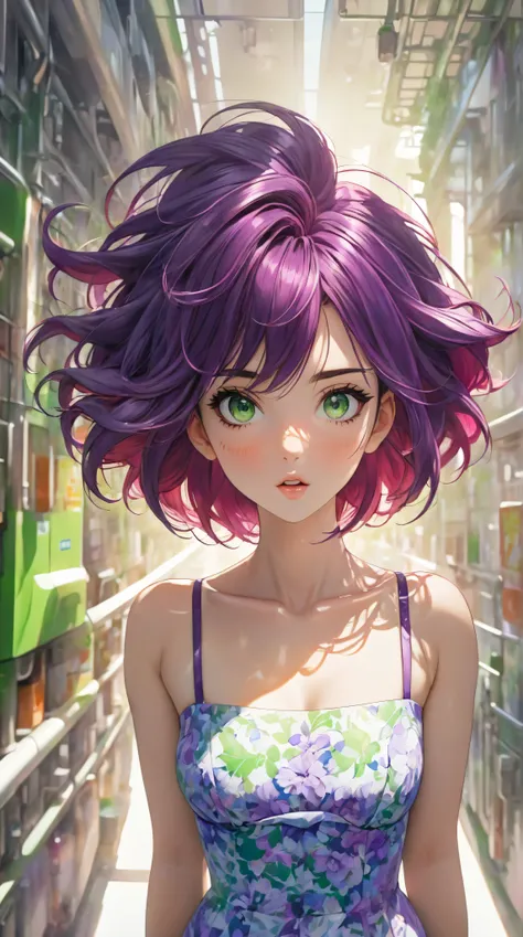 (masterpiece, highres, high resolution:1.2), anime 20 yo girl, portrait, shoulders up, illustration. drawn, violet hair woman, green eyes, blushing, solo, surprised, freckles, big lips, huge breasts, perfect body, wearing a tube top, no hands.