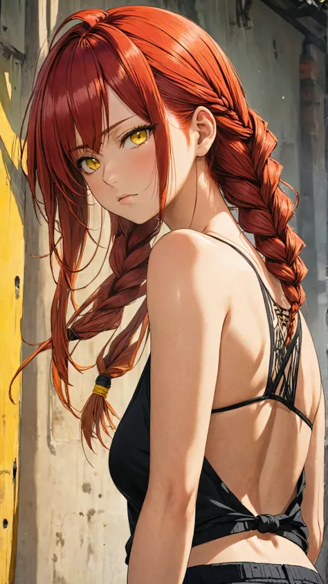 A beautiful Japanese girl, Makima from Chainsaw Man, red hair with a single braid, yellow eyes, wearing a black tank top with "Makima" written on it, black panties, arms behind back, giving a yakuza vibe, realistic, intricate details, hard colors, big brea...