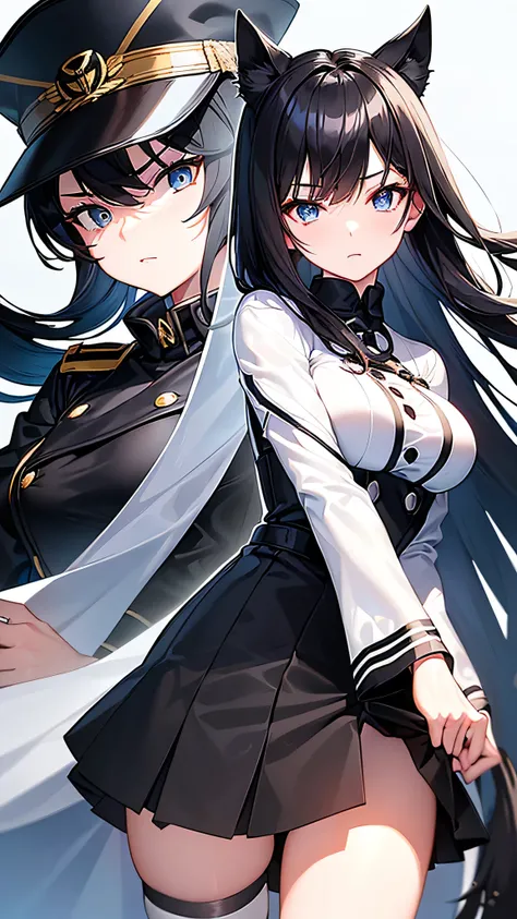 (Hentaicat girl age 30 yearold) ( black hair, loose hairstyle ) (Light blue eyes, sharp eyes) Full Finger Navy Commander Hat Black White  ( Dress Girl uniform dress Female Commander Dress White Shirt Black Tie Black Leather Skirt One-piece Dress) Black lon...