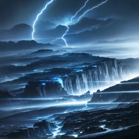 there is a big sci-fi city beten two mountains, "TRON: Legacy" landscape vibe, dark blue storm clouds, light blue lightning from the clouds, blue river, river to the horizon, electrified river, light blue lightning from the river, space sky, stars in the s...