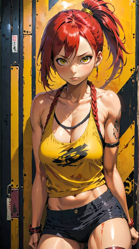 A beautiful Japanese girl, Makima from Chainsaw Man, red hair with a single braid, yellow eyes, wearing a black tank top with "Makima" written on it, black panties, arms behind back, giving a yakuza vibe, realistic, intricate details, hard colors, big brea...