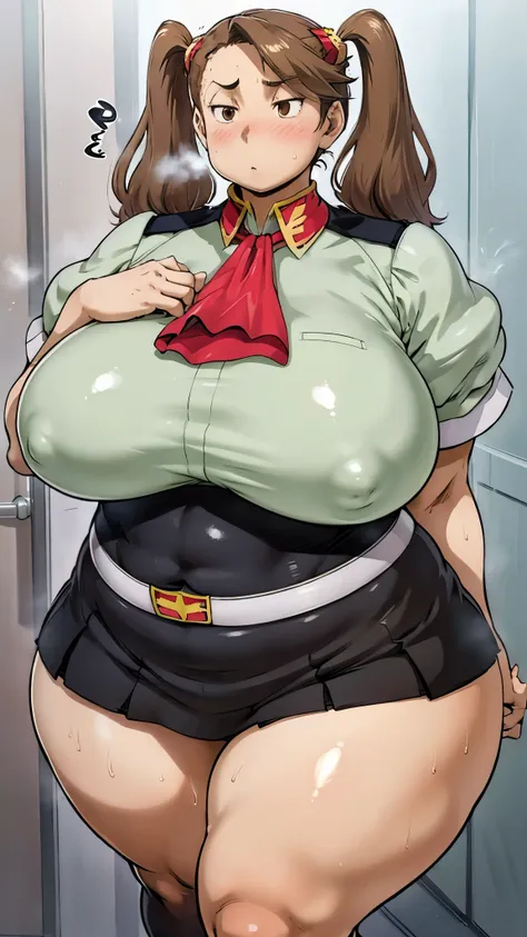  a woman wearing a short-sleeved light green uniform, a black skirt, and white tights((Draw the front)), brown hair, Light brown eyes, twin tails,Strong-boned body,thick thick thighs ,sweat,vapor,Wide ass,Wide hips,  plump body where you can put your legs ...