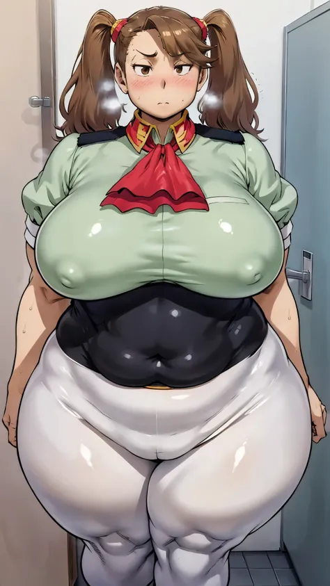  a woman wearing a short-sleeved light green uniform, a black skirt, and white tights((Draw the front)), brown hair, Light brown eyes, twin tails,Strong-boned body,thick thick thighs ,sweat,vapor,Wide ass,Wide hips,  plump body where you can put your legs ...