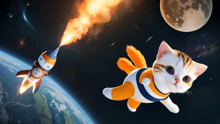 A cartoon-style rocket flying through outer space, surrounded by colorful stars and planets. Two adorable cats are attached to the sides of the rocket, wearing tiny astronaut helmets with clear visors. One cat is orange and fluffy, while the other is gray ...