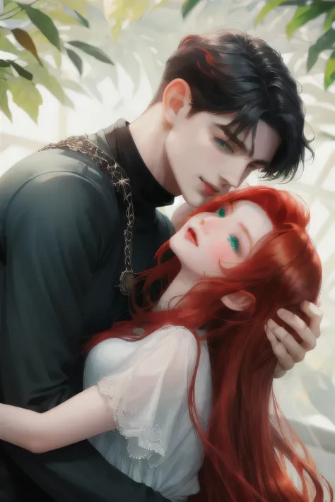 Girl with red hair and green eyes hugging a handsome man with black hair and blue eyes around the neck 