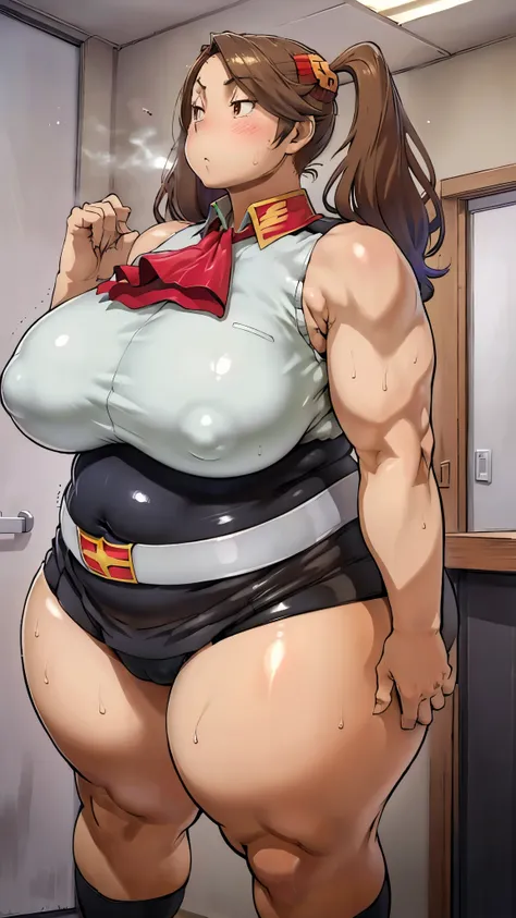  sleevelessの薄緑色の制服と黒いペンシルスカートを着た女性((From below)), brown hair, Light brown eyes, twin tails,Strong-boned body,thick thick thighs ,thick thick arms,sweat,vapor,Wide ass,Wide hips,  plump body where you can put your legs on your chest,Thick arms,Fitting Room,...