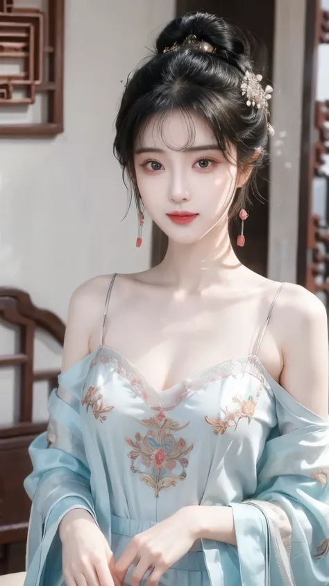  black hair （（ fluffy ancient Chinese hairstyle ，Hair ornaments of flowers， Gorgeous Sleeveless Silk Embroidered Phoenix Robe ， big sleeves ，Glossy，Multi-layered yarn ， beautiful embroidery ，）） white and red Skin ，Ultimate image quality（（（（ Close to the au...