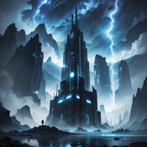 there is a big sci-fi city beten two mountains, "TRON: Legacy" landscape vibe, dark blue storm clouds, light blue lightning from the clouds, blue river, river to the horizon, electrified river, light blue lightning from the river, space sky, stars in the s...