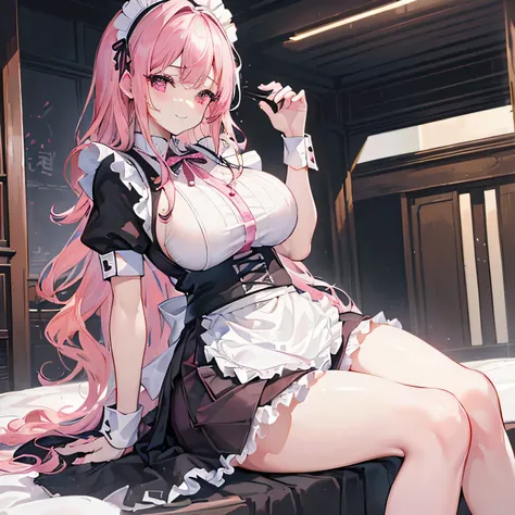 (masterpiece), ( best quality), (Super detailed), 1 Attractive Woman  、  One Mature Woman  、(((Big Breasts、Maid、黒いMaid服、  tight skirt、  White Apron Dress 、  Skirt with Slit、  Pink Hair、  wavy hair in front of the station)))、smile、 ((( Fixing Her Bed )))