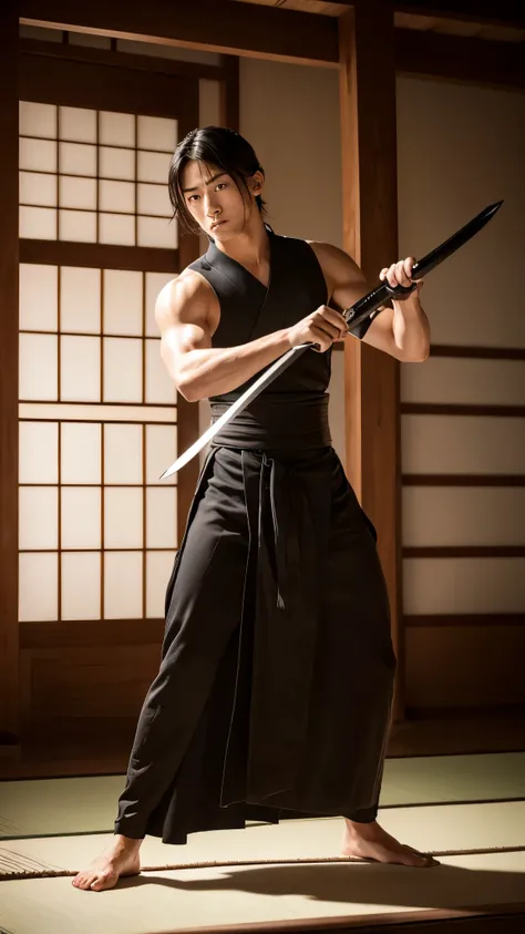 (8k, photograph), ( full body image,  model body type ), A kendo practitioner wields a big sword, muscle, young,  a wild and charming Japanese man, Perfect and Detailed Facial Modeling , Disheveled Hair, Meiji Period