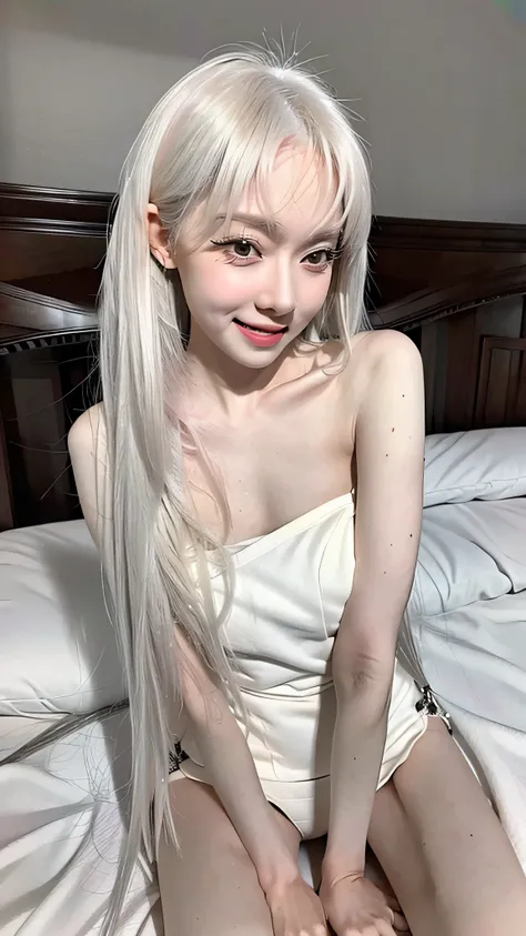 A beautiful woman in her 50s with long white hair and a thin body is lying naked in bed and looking excited while spreading her legs.