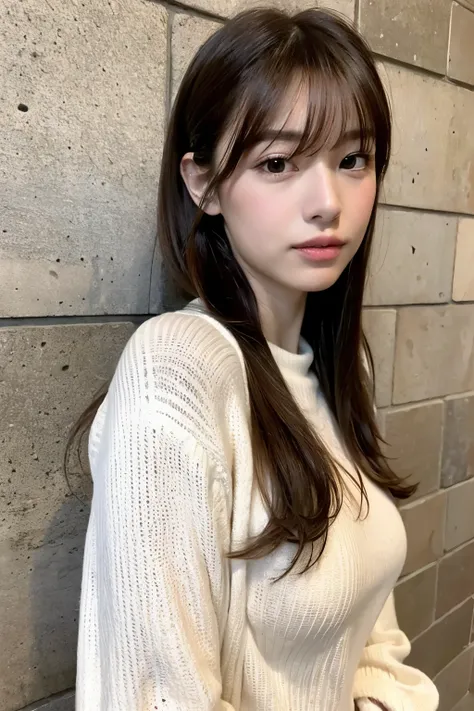 best quality, A beautiful woman is wearing a headband , 28 years old, S, 35mm Lens, debt/1, cowboy shots , concrete background、Tile Background、 white knitwear 、Light Brown,debtrom below、 straight hair、 straight hair、 Sparkling Hair, silky hair、Thi...