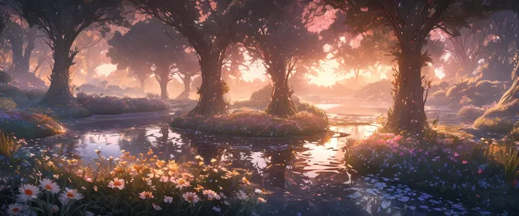 masterpiece, best quality, extremely detailed CG unity 8k wallpaper, a magical pond in the evening, finely detailed, cinematic lighting, highres, flowers bloom，（（（Spring morning））） .super wide angle（（（masterpiece）））, （（best quality））,（（Intricate details））,...