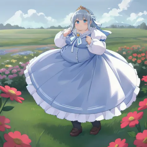 Beautiful Queen, Tall, obesity, long sleeve , dress,ribbon, pantyhose ,frills, Puff Sleeves ,light blue dress,light blue pantyhose ,neck ribbon,frilled dress, Juliet sleeve ,white ribbon,skirt, full body, Field and flowers in the background , achromat...