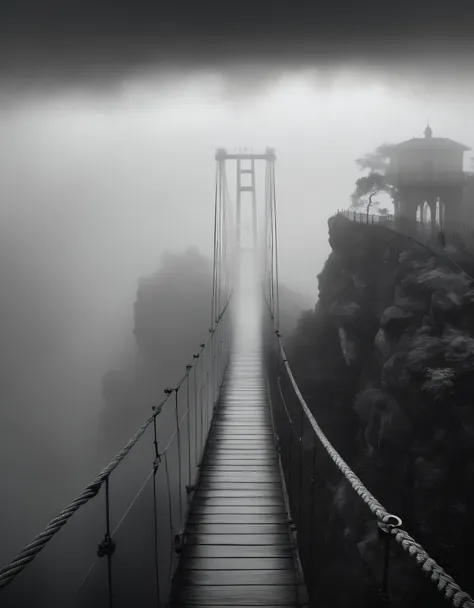 ((Surprisingly bizarre )),(masterpiece:1.2),超 high definition ,  Attention to Details ,  High Quality ,  high definition , 最 High Quality , 4K, 8k、Vertical Landscapes
, landscape painting、Suspension bridge seen from the depths of the fog、 misty 、 black and white tones 、 An eerie and mysterious work