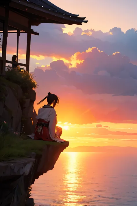 1 samurai on cliff seeing beautiful sunset close up to samurai 