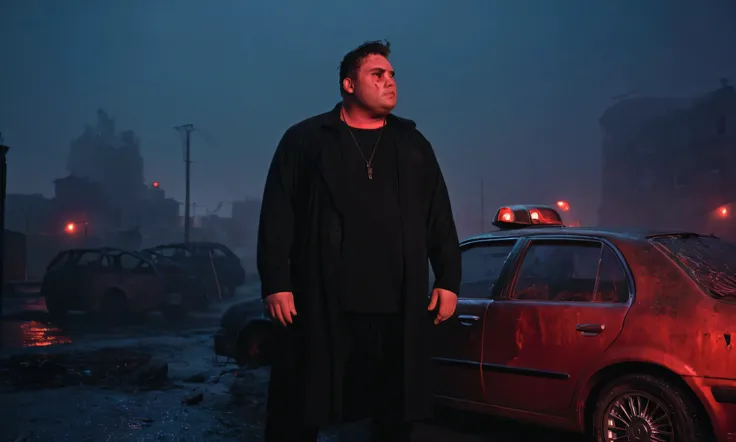 a chubby man standing next to a car door, wearing a black clothes. red sky, night, a rain-soaked, destroyed city. the streets ar...