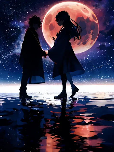     Silhouettes of men and women staring at each other, distant girl wearing a ドレス staring at the star, (zoomed out:1.3), (流star群:1.2), (彗star:1.1), your name, Low Angle,              from behind,              aurora             , 流れstar,  cherry blossoms,...