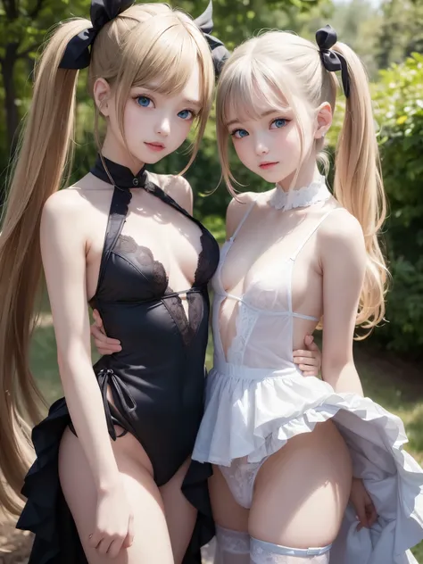 ((masterpiece)), ((highest quality、Ultra high definition)), (Very detailed),8k、Photo quality、((Amazingly cute girl))ld girl)), Two people, , (Beautiful emerald blue eyes), ((smile)),Deep in the autumn forest, Beautifully arranged blond hair in twin tails、w...