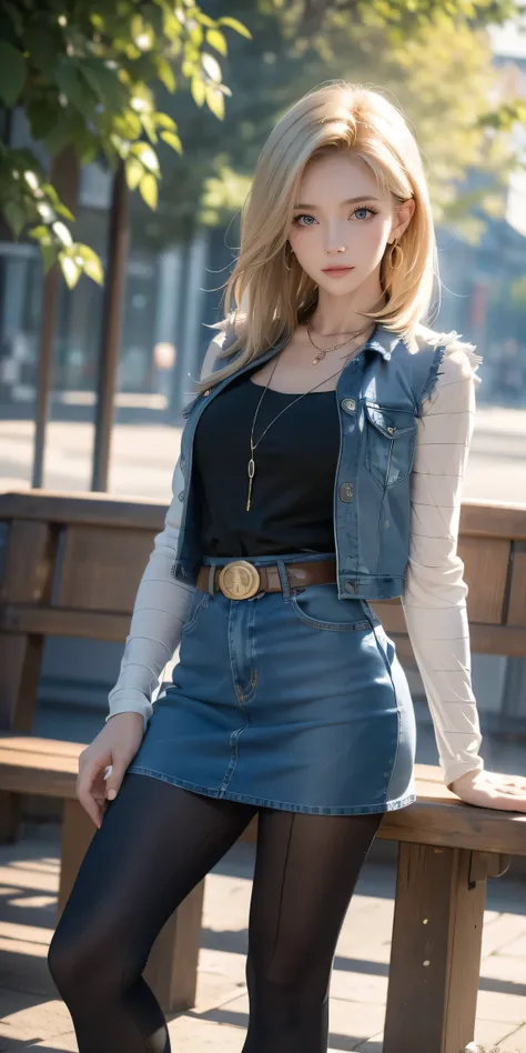 Android 18, Light Blonde hair, Medium hair shaggy cut for women, Blue Transparent eyes of Slavic Caucasians, She has sexy double eyelids above and below her eyes, The flash in the eyeballs is brilliant, She is not wearing any jewelry such as a necklace aro...