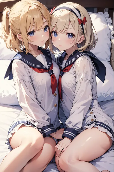 There are two girls. kissing each other, loving each other, One is tiny girl, with blonde bob hair, bright eyes, and a hair accessory, Underwear with white ruffles. sailor suit, She has an innocent and petite appearance, radiating cuteness.
laying on bed, ...