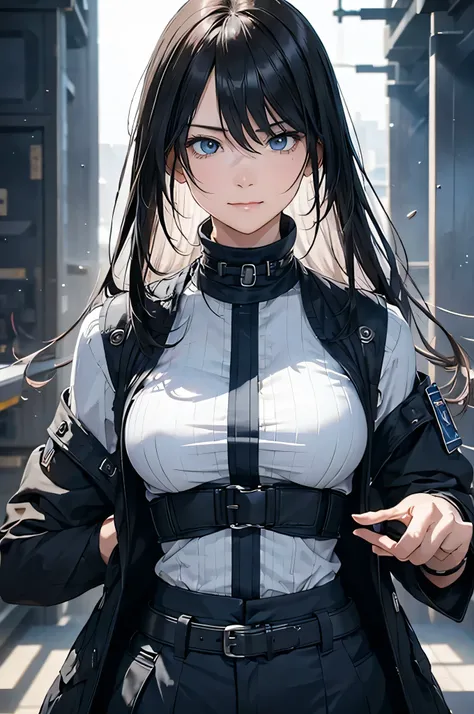  adult woman laughing, Alone,  sexy,8K resolution,(( best quality)), ultra high resolution, ( angry face), ( black eyes ),  beautiful symmetrical face , (blue straight long hair),Combat Vest, cargo pants with dowels ,Realistic:1.4,Realistic:1.4,(masterpiec...