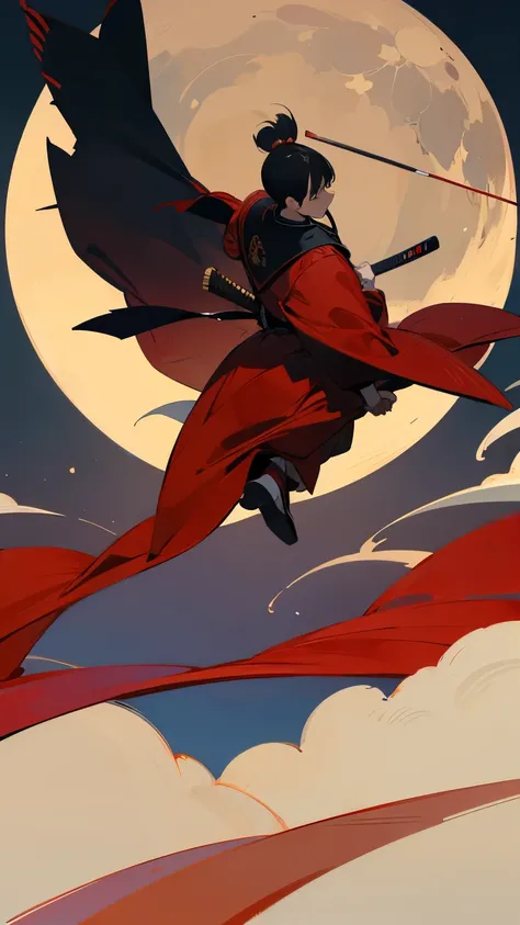 masterpiece,  best quality, Samurai in red kimono, Cloth flying in the air, moon, Northern Steppes,  Software 