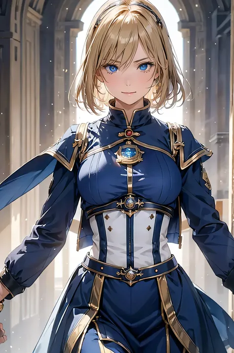  adult woman laughing, Alone,  sexy,8K resolution,(( best quality)), ultra high resolution, ( angry face), ( blue eyes),  beautiful symmetrical face , (golden airy shorthair),coat with coat of arms,Medieval knight armor,White Skirt,Realistic:1.4,Realistic:...