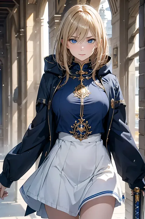  adult woman laughing, Alone,  sexy,8K resolution,(( best quality)), ultra high resolution, ( angry face), ( blue eyes),  beautiful symmetrical face , (golden airy shorthair),coat with coat of arms,Medieval knight armor,White Skirt,Realistic:1.4,Realistic:...