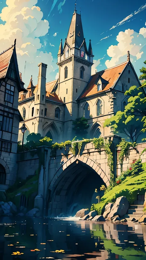 4K, Realistic,  several people having fun with each other while having very detailed , Wide-angle lens,  A Moist Medieval City,  lively, Dreamy Plants , Big House,  Shinkai Makoto Style ,  anime background by Shitao,  Concept Art, ( characters are not disp...