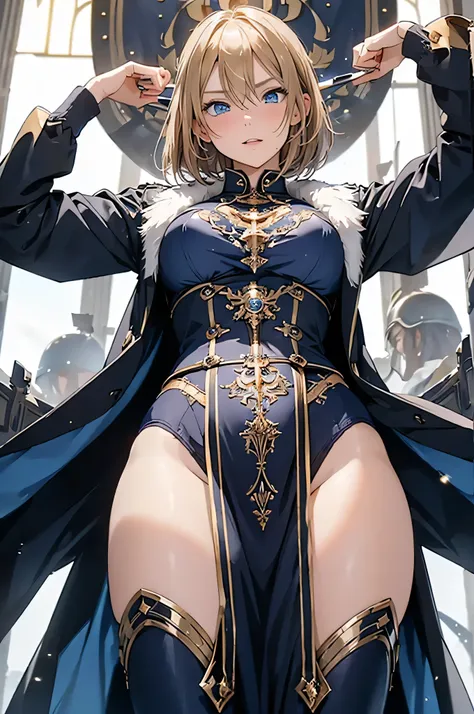  adult woman laughing, Alone,  sexy,8K resolution,(( best quality)), ultra high resolution, ( angry face), ( blue eyes),  beautiful symmetrical face , (golden airy shorthair),coat with coat of arms,Medieval knight armor,White Skirt,Realistic:1.4,Realistic:...