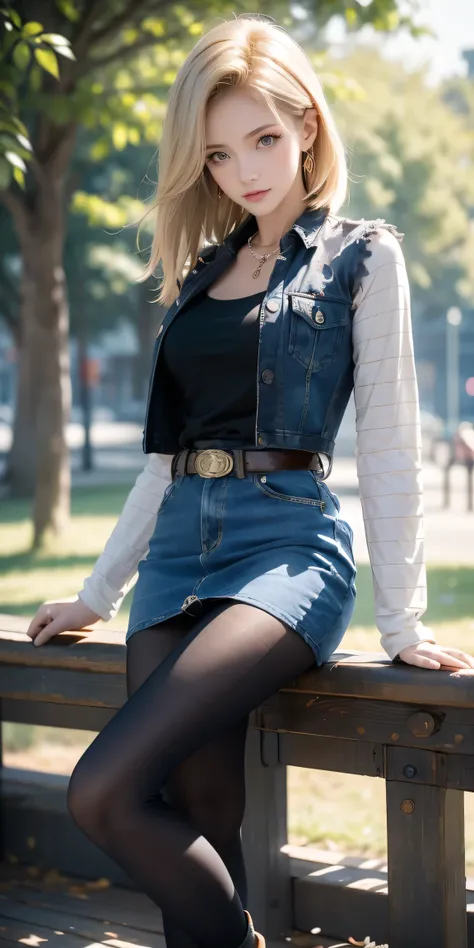 Android 18, Light Blonde hair, Medium hair shaggy cut for women, Blue Transparent eyes of Slavic Caucasians, She has sexy double eyelids above and below her eyes, The flash in the eyeballs is brilliant, She is not wearing any jewelry such as a necklace aro...