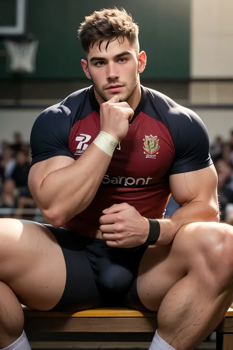 A  old boy, handsome, beautiful,  well-defined jaw , Perfect facial features,  definite facial details,  rugby player, sitting on the court , big Bulge, no hair face