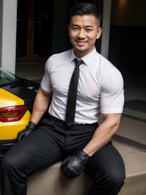 40 years old, One Man,、   white shirt ､Black tie､ black slim pants  、   black gloves、  black boots、Combatant、You are carrying a handgun on your lower back 、parking、 sitting with legs open  。  short hair 、更に  short hair 、     undercut  、Stubble　Muscular　Asi...