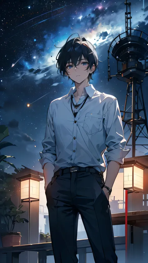 “A 28-year-old Japanese man with a calm, intellectual presence. He has short, neatly styled dark hair and wears casual but professional attire, including a collared shirt and jeans. He stands beside a large telescope on the observatory deck, looking though...