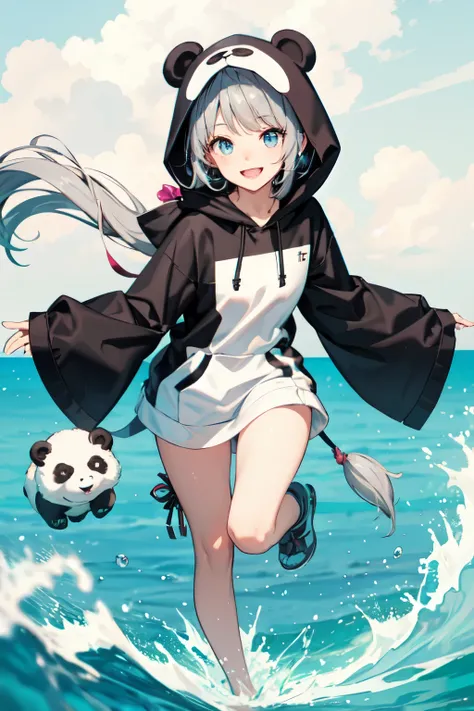 ちびキャラ 22yo panda hood gray hair
high ponytailfull body scrunchie palm
solo focus 1girl solo big smile
round face eyelids eyeshadow Skyblue eyes small nose
