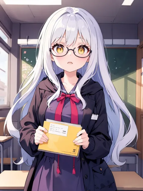  She is wearing glasses、 Silver Hair、 yellow eyes、Female Teacher Cosplay