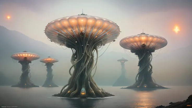 Insanely Detailed MOTHER SHIPS OF THE ALIENS INVASION Biomechanical JELLYFISH  MADE OF WHITE PALE SLIME, Painting By Ismail_Inceoglu Tom Bagshaw Dan Witz CGSociety Fantasy Art 4K
