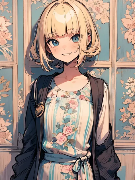 solo,upperbody,blonde retro spiky curly bob,blunt bangs,British, stylish western design one-piece dress with floral pattern, nihilistic smile, pastel striped room wallpaper, own room, kitchen, (manga style),(sketch),( illustration),