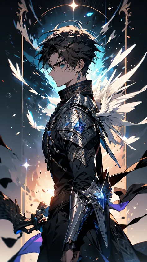 “A young knight in his early twenties, wearing sleek, dark silver armor with intricate magical runes glowing faintly on his chest and shoulders. He wields a long, sharp lance that is crackling with faint blue energy. His expression is determined yet confli...