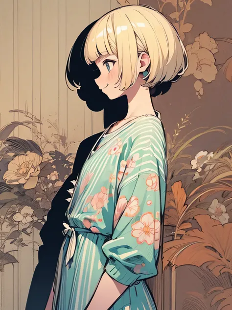 sideview,solo,upperbody,blonde retro spiky curly bob,blunt bangs,British, stylish western design one-piece dress with floral pattern, nihilistic smile, pastel striped room wallpaper, own room, kitchen, (manga style),(sketch),( illustration),