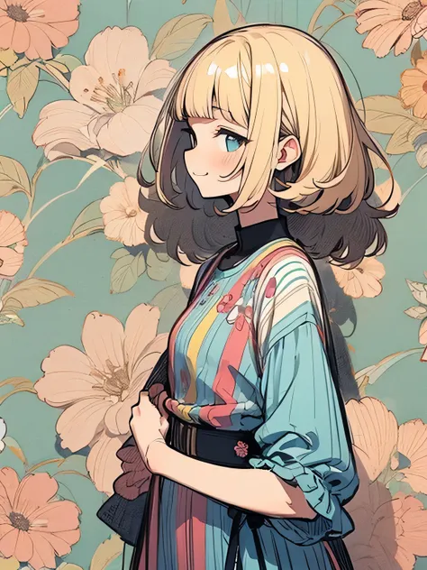 sideview,solo,upperbody,blonde retro spiky curly bob,blunt bangs,British, stylish western design one-piece dress with floral pattern, nihilistic smile, pastel striped room wallpaper, own room, kitchen, (manga style),(sketch),( illustration),