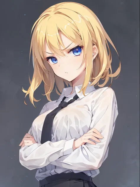 (serious, [glaring]), Japan, 1 girl, upper body, (facing viewer, looking viewer), standing straight, (blue eyes, (blonde hair), (wavy hair:0.65), medium hair, medium breast), (white shirt, black necktie, black pencil skirt), (gray background), Sharp Focus,...